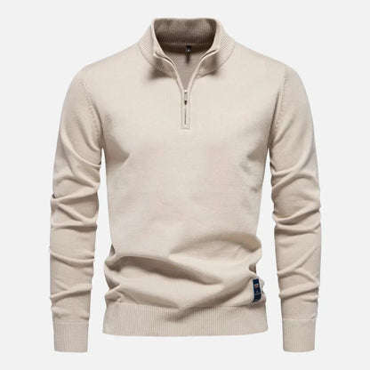 Navy fitted quarter-zip sweater with tailored silhouette and premium soft knit fabric