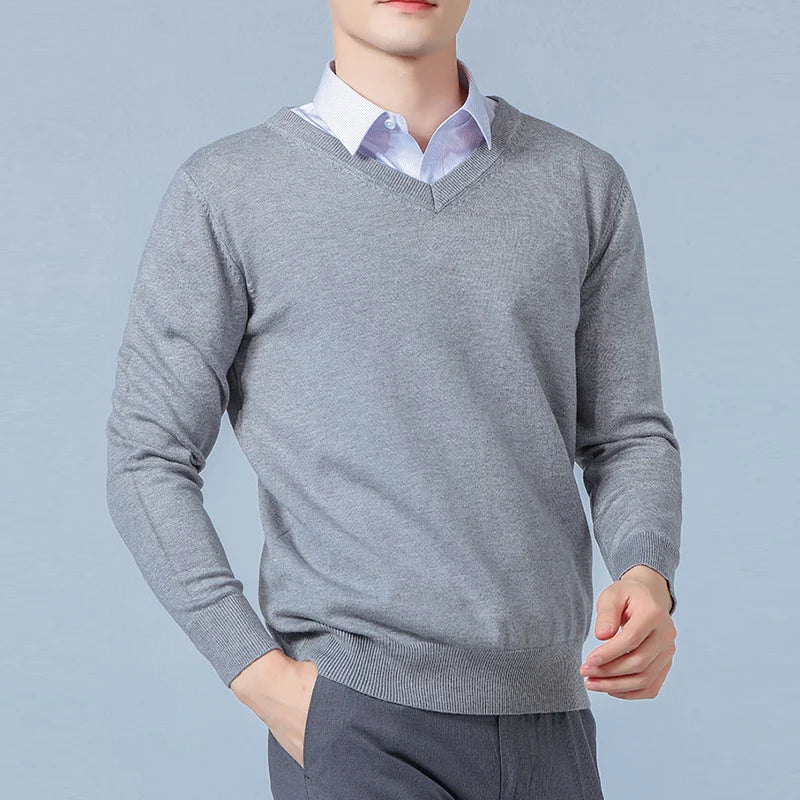 Navy wool blend V-neck sweater, refined business casual cut with breathable premium fabric