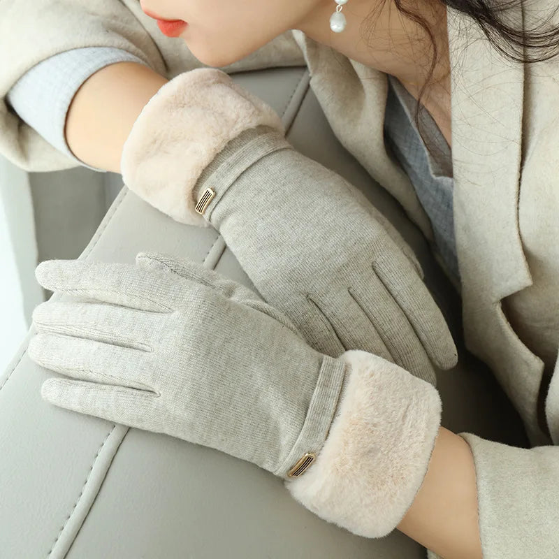 Women's fitted wrist gloves with faux-fur cuff trim and elegant strap detail accent