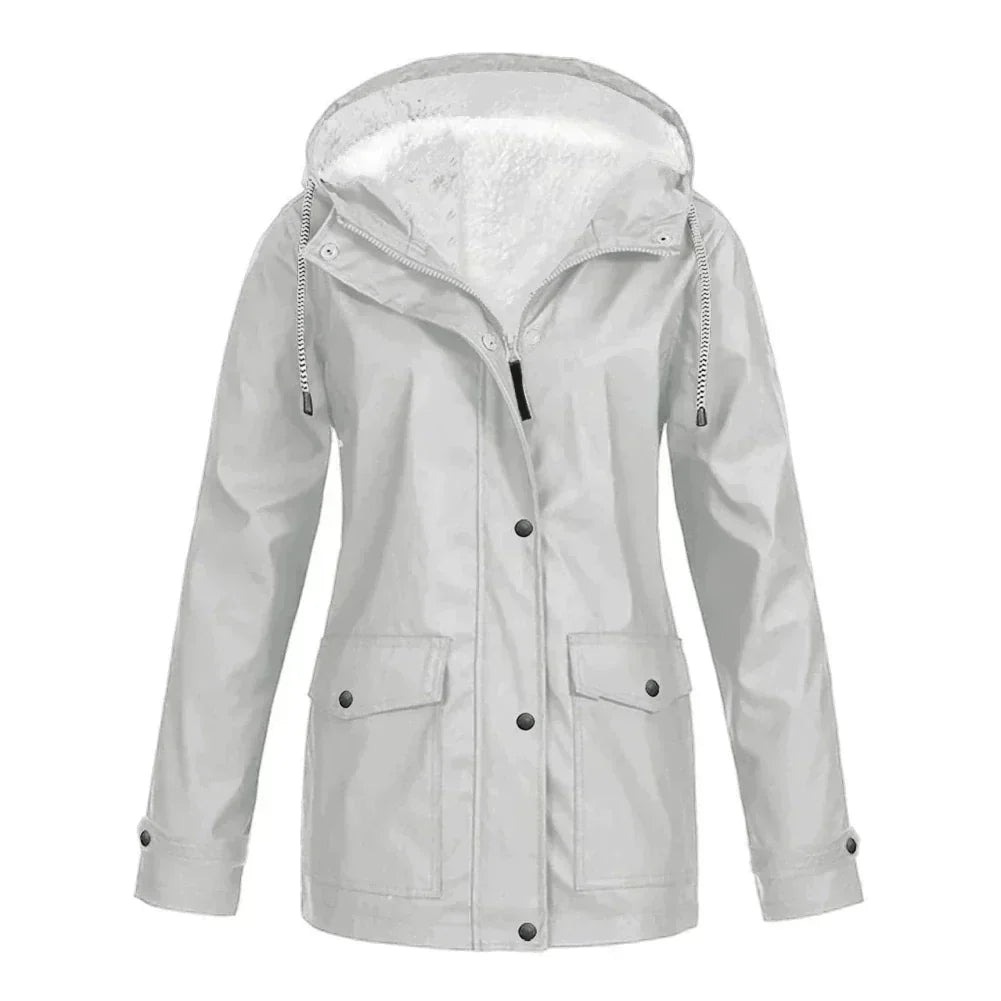 Women's mid-length hooded rain jacket relaxed fit fleece-lined water-resistant everyday outerwear