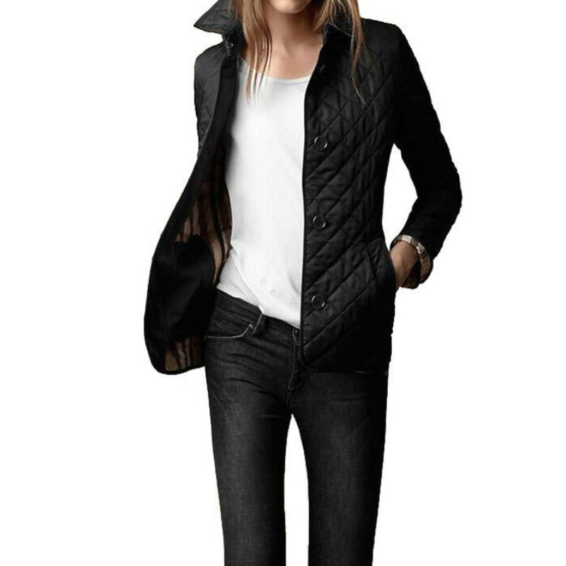 Women's slim fit quilted jacket with diamond stitching and classic button closure for chic everyday wear