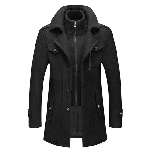 Men's wool blend double-breasted trench coat with high collar in classic neutral tone