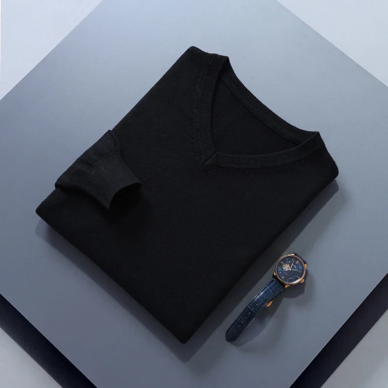 Charcoal wool blend V-neck sweater with refined business casual cut and breathable premium fabric