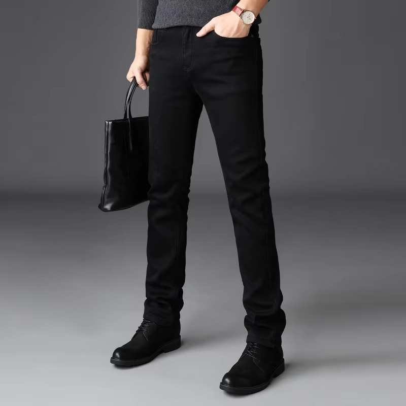 Men's black vintage wash straight fit stretch denim jeans with regular waist and classic silhouette