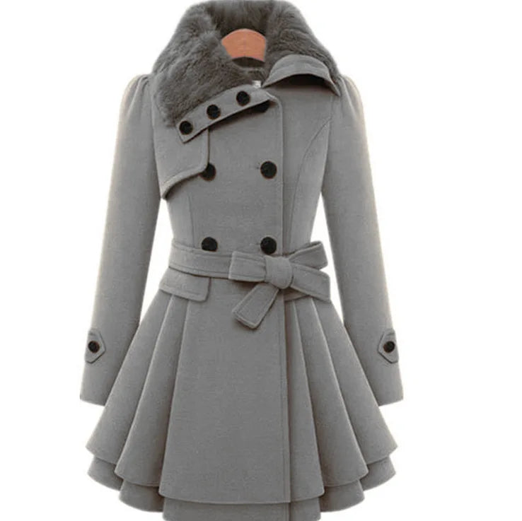 Women's wool trench coat in warm tones with double-breasted closure, fur collar, and sherpa lining
