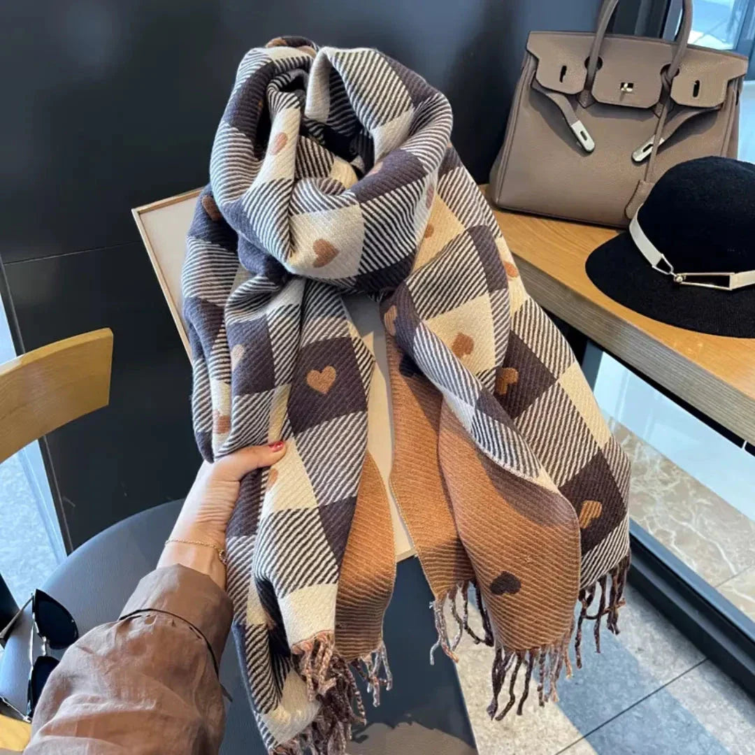 Women's plaid scarf with heart accents and fringed edges in soft warm fabric, versatile winter accessory