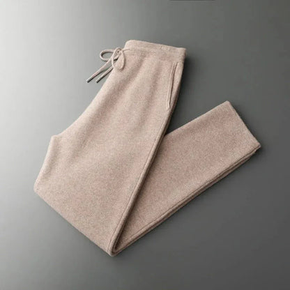 Heather gray merino wool slim-fit lounge pants with adjustable drawstring waistband