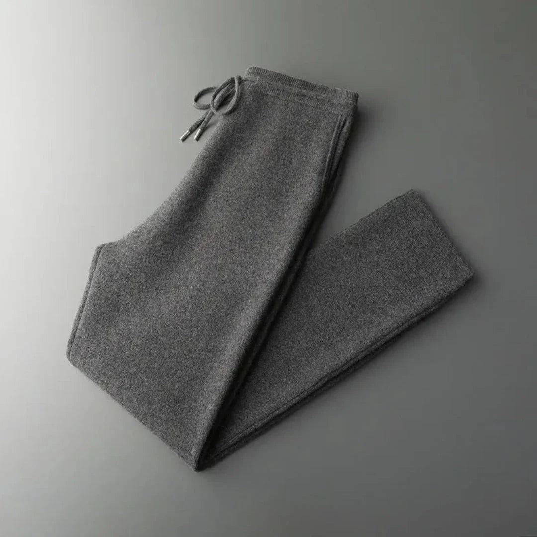 Heather gray merino wool slim-fit lounge pants with adjustable drawstring waistband