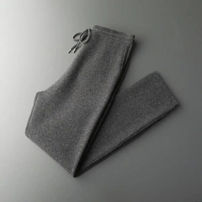 Heather gray merino wool slim-fit lounge pants with adjustable drawstring waistband