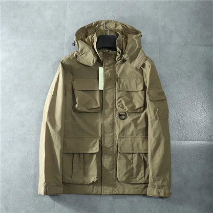Hawk Down tactical jacket in neutral tones, slim-fit utility style with removable hood and multi-pocket design
