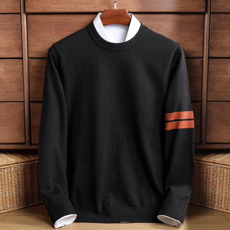 Charcoal unisex crewneck sweater premium wool-blend knit with subtle orange sleeve stripe