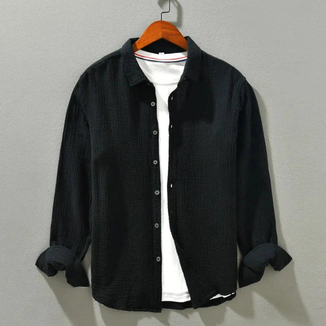 Men's white cotton gauze loose fit long sleeve casual shirt with breathable lightweight fabric