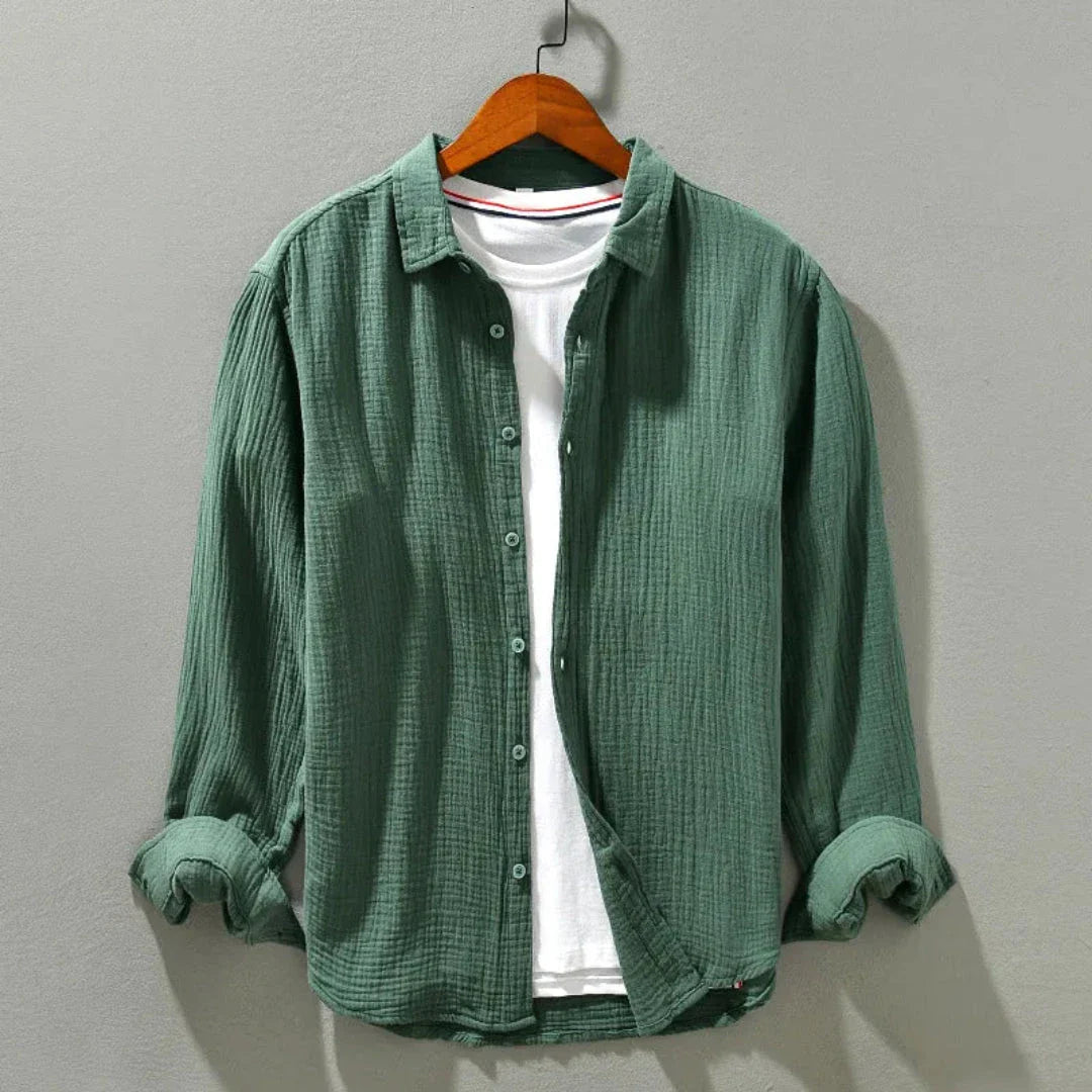 Men's white cotton gauze relaxed fit long sleeve casual shirt with breathable loose silhouette