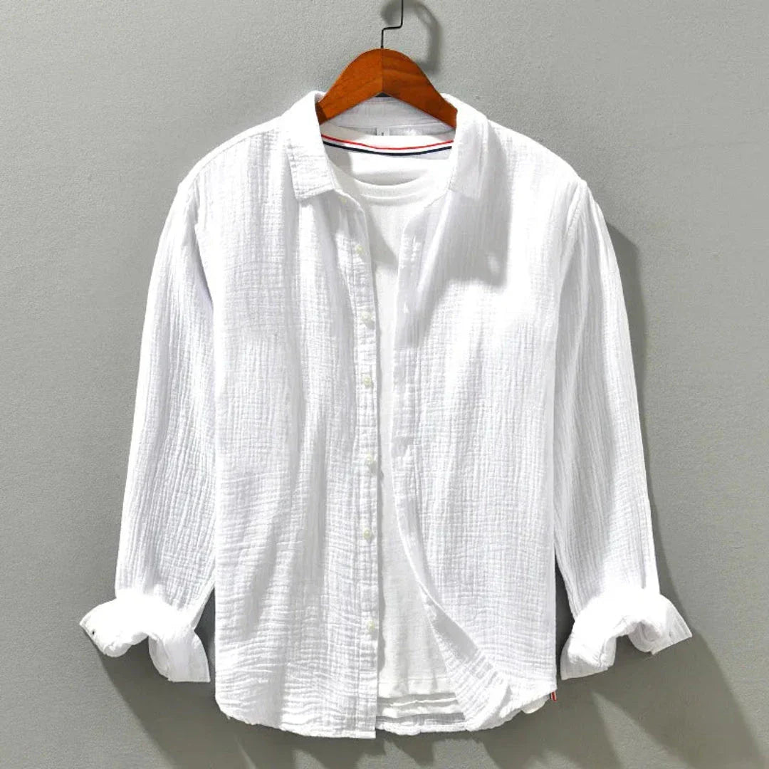 Men's relaxed-fit cotton gauze shirt in neutral tone, long sleeve casual Henry loose breathable style