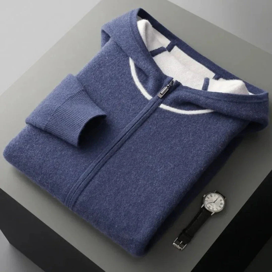 Henry cashmere wool zip-up hoodie and tapered pants set with double-layer hood in neutral tone