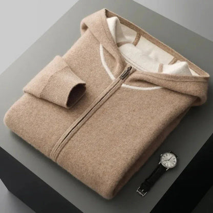 Henry cashmere wool zip-up hoodie and tapered pants set with double-layer hood in neutral tone