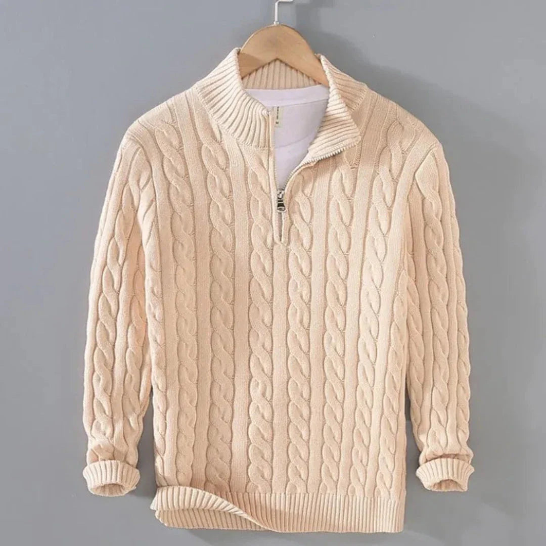 Cream cable knit cotton half-zip sweater with ribbed trims and structured finish