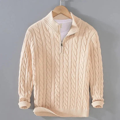 Cream cable knit cotton half-zip sweater with ribbed trims and structured finish