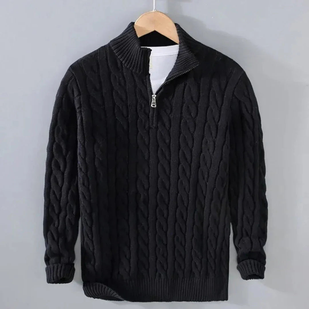 Ivory cable knit half-zip sweater with ribbed trims and structured cotton finish