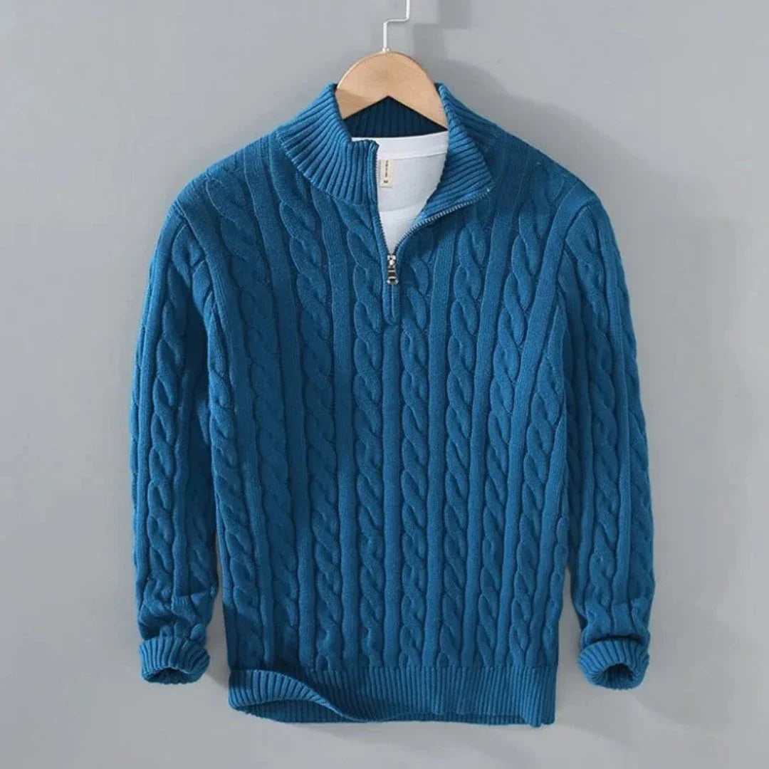 Cream cable knit half-zip sweater with ribbed trims and classic structured cotton finish