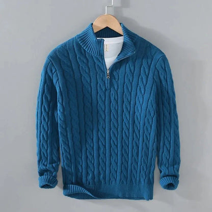 Cream cable knit half-zip sweater with ribbed trims and classic structured cotton finish