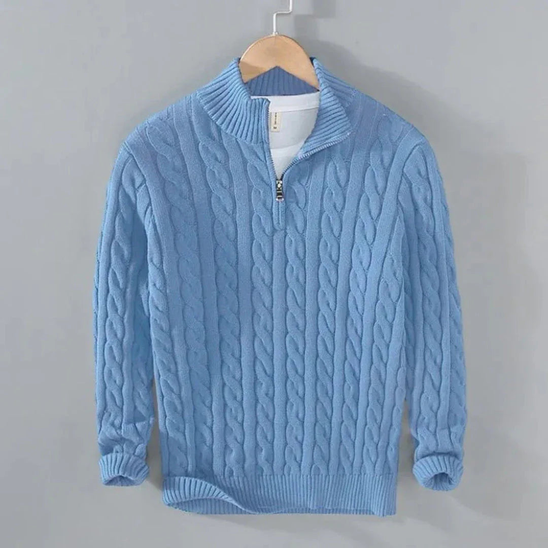 Ivory cable knit cotton half-zip sweater with ribbed trims and classic textured pattern