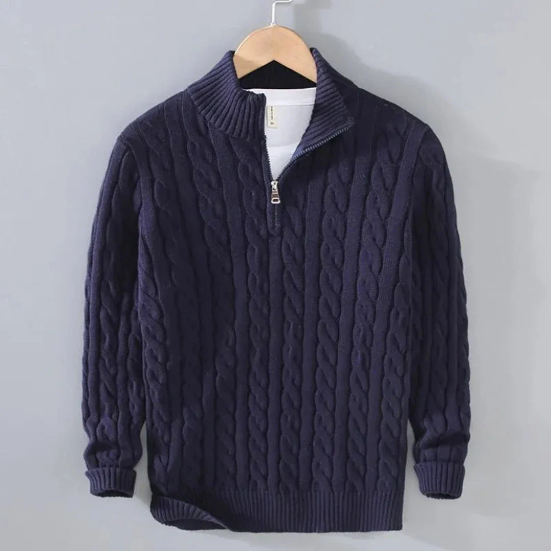 Cream cable knit cotton half-zip sweater with ribbed trims and classic textured pattern