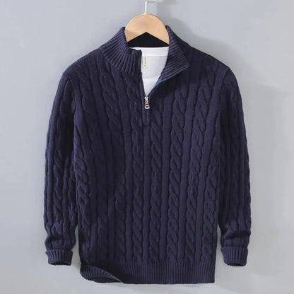 Cream cable knit cotton half-zip sweater with ribbed trims and classic textured pattern