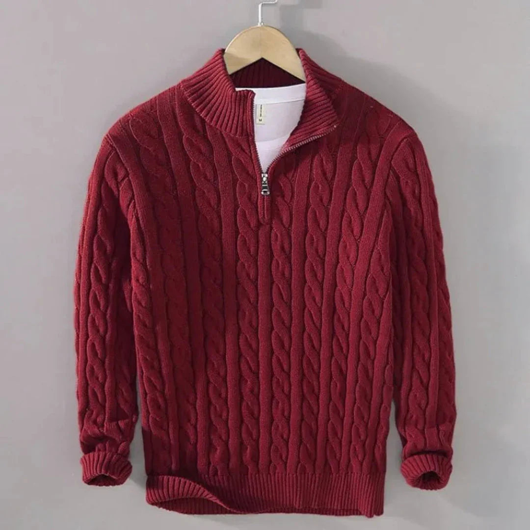 Cream cable knit cotton half-zip sweater with ribbed trims and classic textured pattern