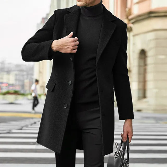 Wavlynn Oliver men's charcoal wool overcoat tailored slim-fit professional winter coat sharp lapels