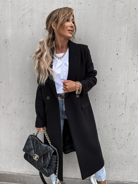 Women's camel double-breasted wool-blend long coat tailored silhouette premium structured drape