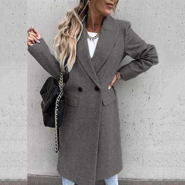 Women's camel wool blend coat tailored double-breasted long silhouette elegant office-to-evening style