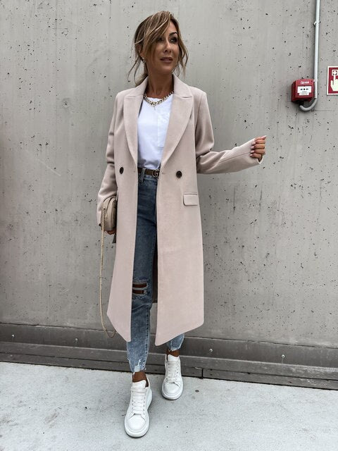 Women's camel wool blend long coat tailored double-breasted silhouette for office to evening wear