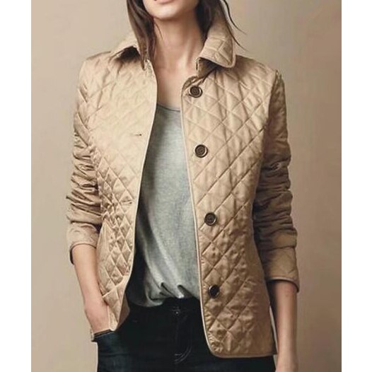 Women's slim fit quilted cotton jacket diamond pattern classic button closure contrast sleeve details
