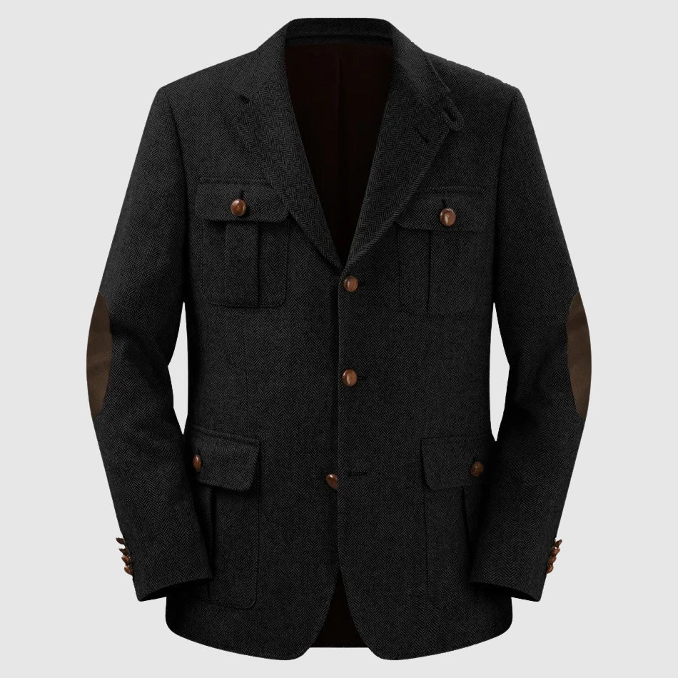 Men's herringbone tailored blazer with patch pockets, notched collar, classic autumn winter style