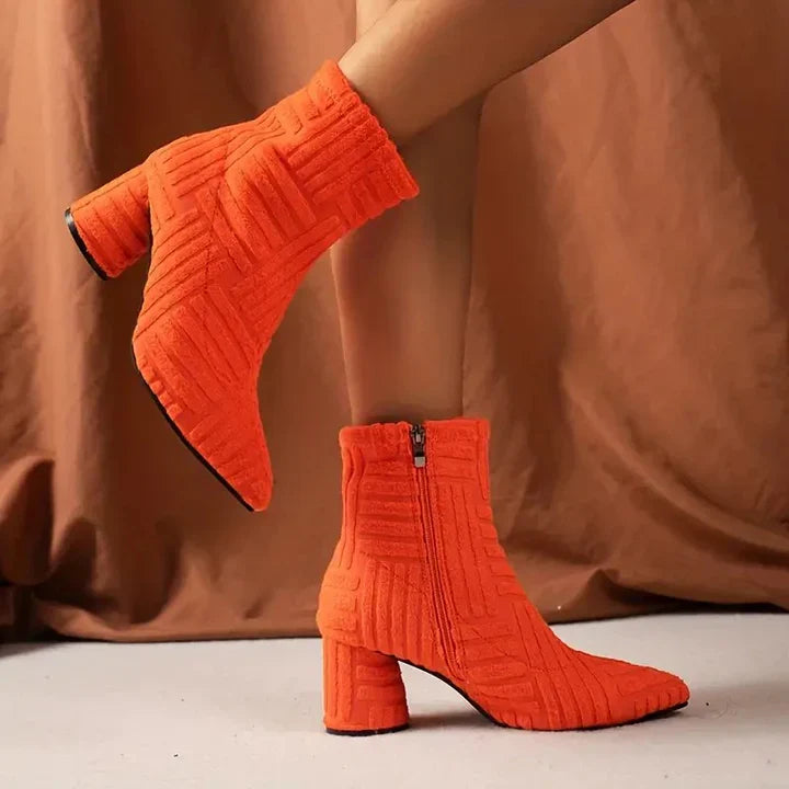 Women's chunky heel knitted ankle boots with textured knit upper and side zipper closure
