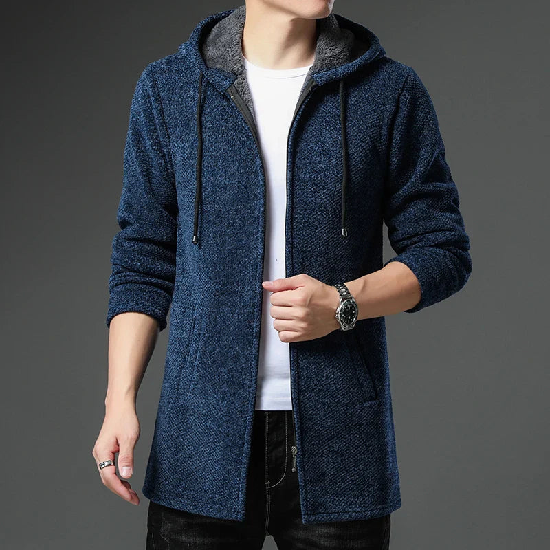 Men's chenille wool jacket zip front fleece lined hood ribbed cuffs relaxed fit warm versatile layer