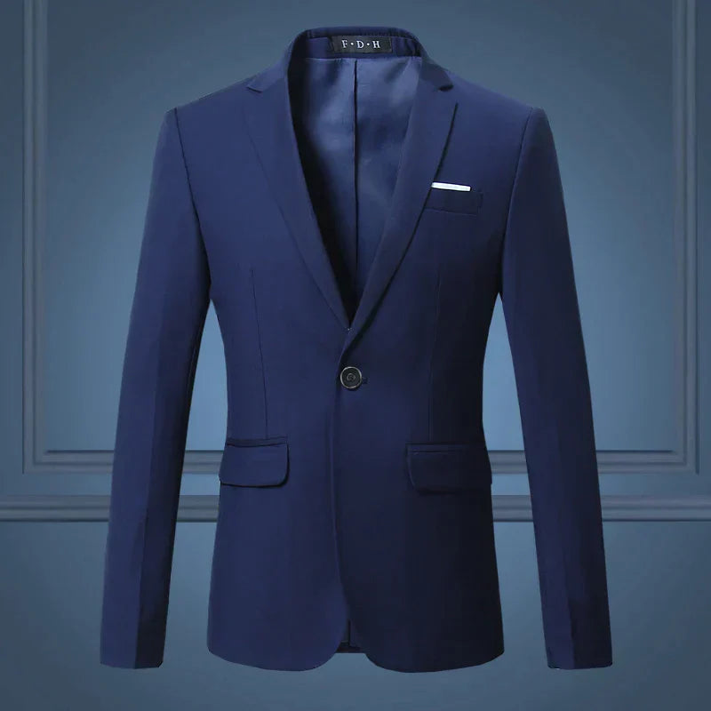 Men's navy tailored fit single-button blazer with notch lapel, slim silhouette for smart casual elegance