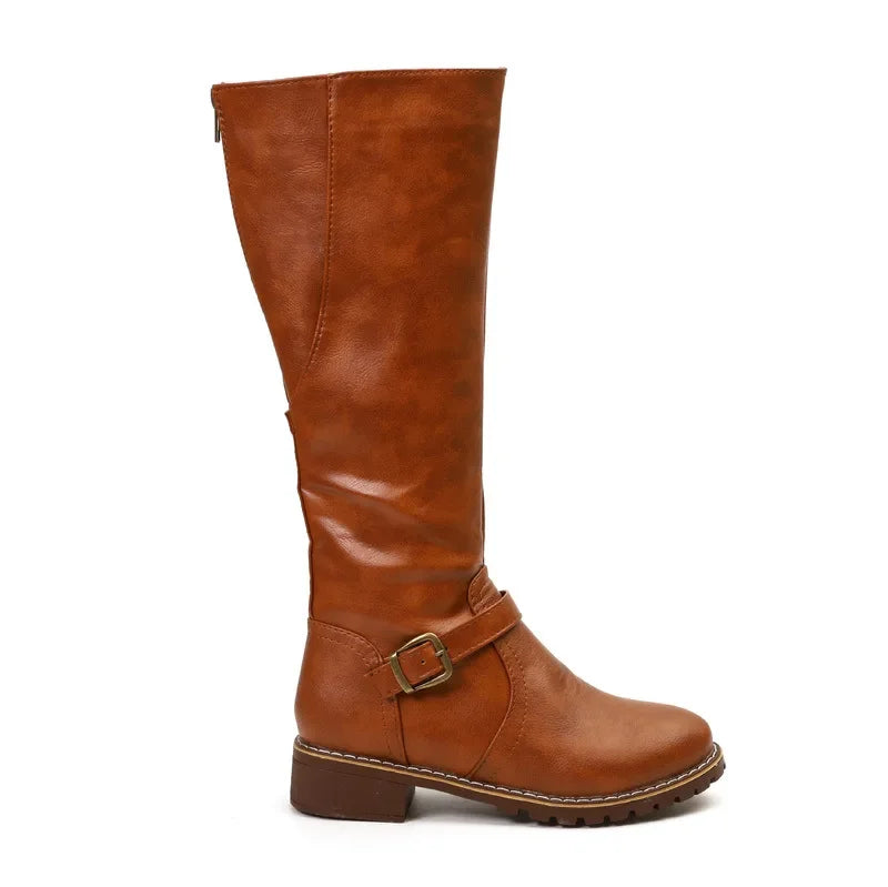 Women's black high-top biker boots chunky heel belt buckle round toe back zipper edgy style
