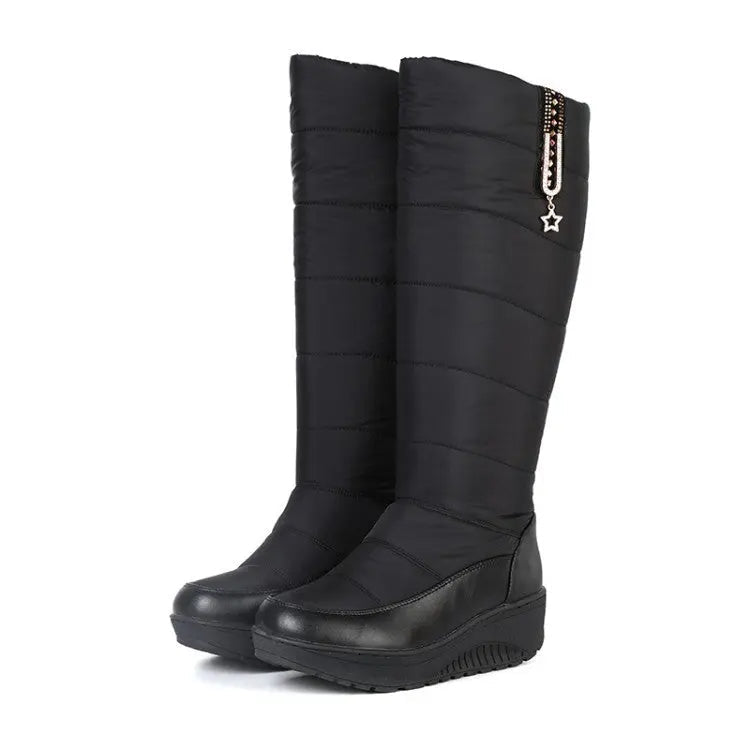 Women's high-top winter boots warm lining rubber wedge sole sleek silhouette cold weather style