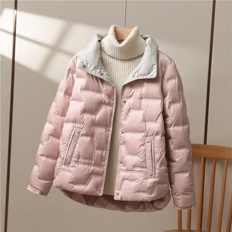 Black high collar quilted down jacket unisex minimalist matte finish slim silhouette