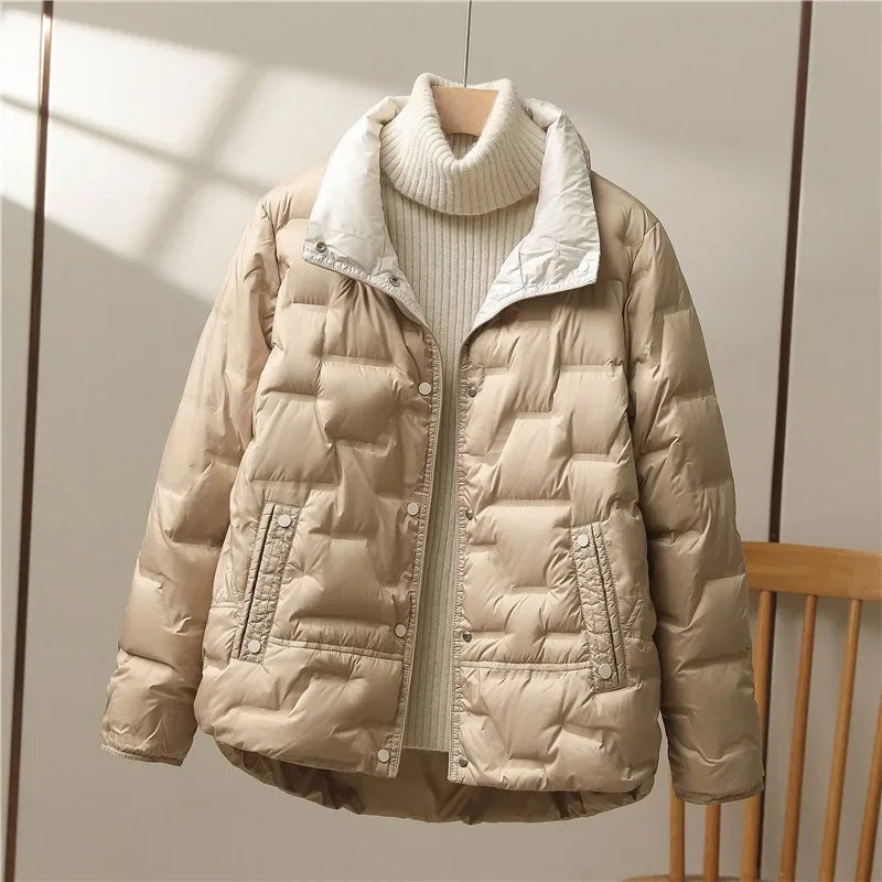 Black high collar quilted down jacket with matte finish slim unisex silhouette