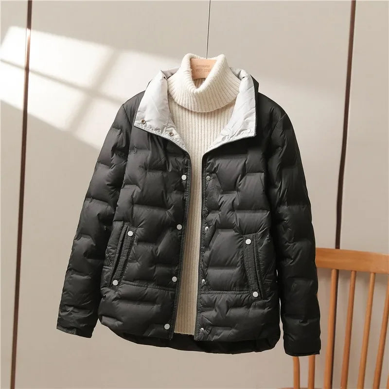 Black high collar quilted down jacket unisex slim fit matte finish minimalist outerwear