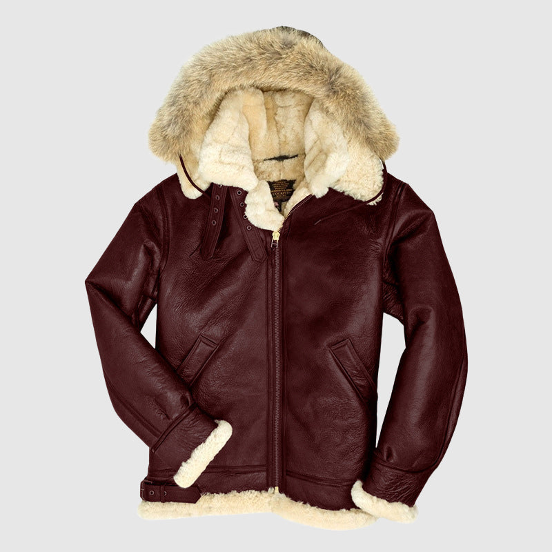 Black fur lined pilot jacket with oversized faux shearling collar, aviator cut, and front zip closure