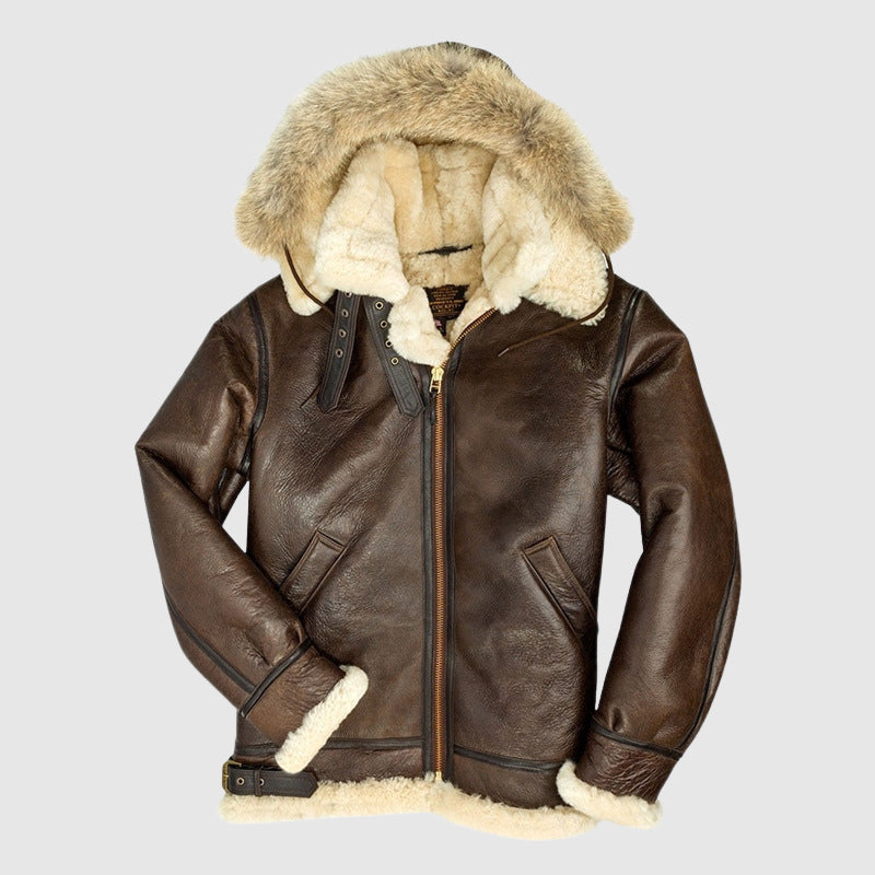 Black fur lined pilot jacket with oversized faux shearling collar, aviator cut, and front zip closure