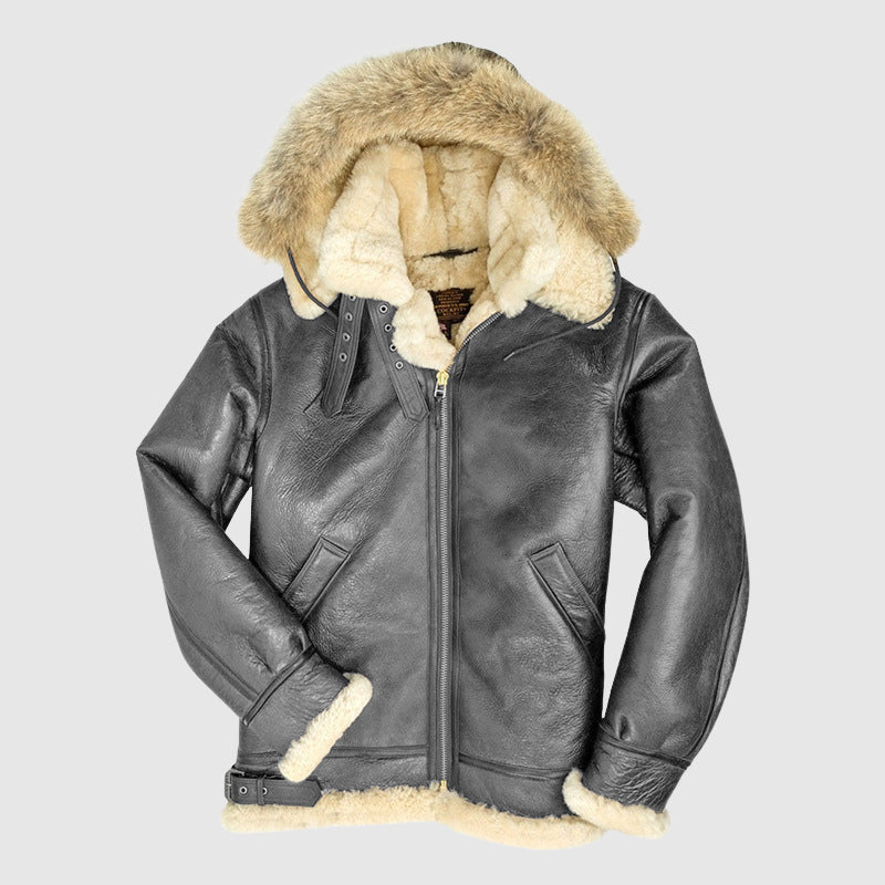 Black fur lined pilot jacket oversized faux shearling collar aviator cut with buckle detail and full zip closure