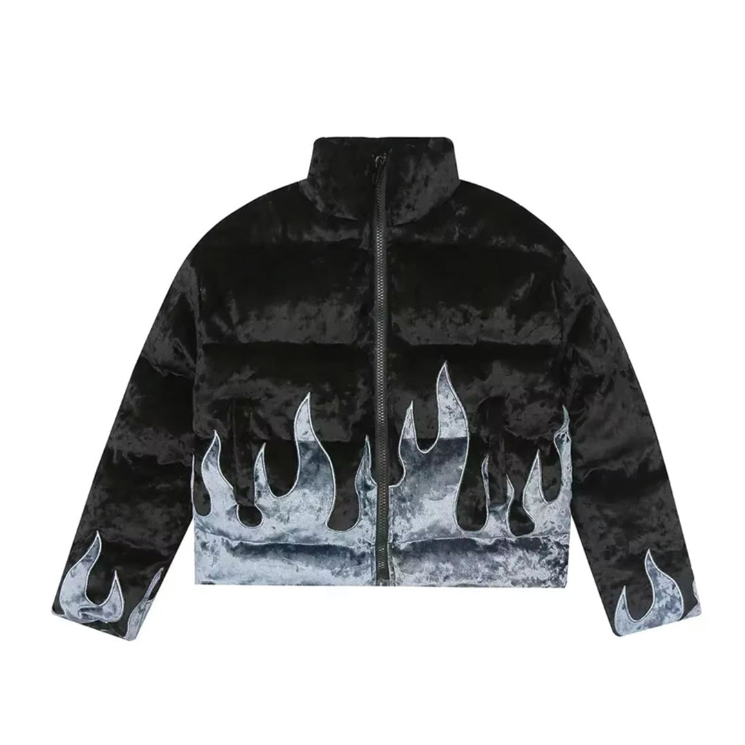Flame-embroidered puffer jacket in velvet texture with stand collar and zipper closure