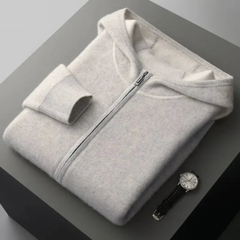 Henry cashmere wool zip-up hoodie and tapered pants set with double-layer hood, neutral tone