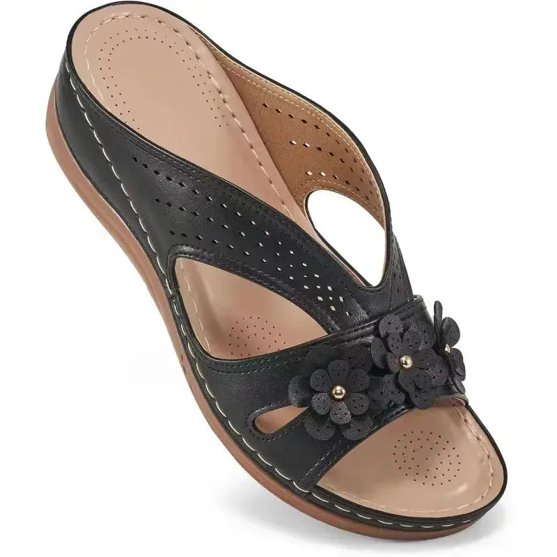 Women's white hollow wedge sandals with decorative flower pattern, lightweight breathable summer heels