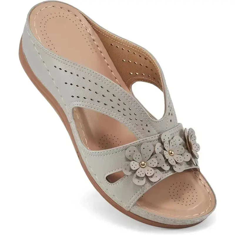 White hollow wedge sandals for women with decorative flower pattern, lightweight breathable summer heels